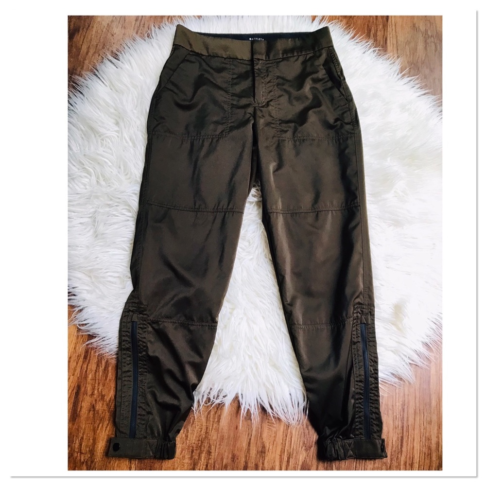 Athleta Radiant Jogger Pants Shiny Tortuga Olive Green Tapered Leg Size 4